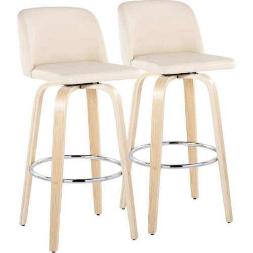 Toriano 30" Swivel Bar Stool in Natural Wood & Cream Leatherette with Chrome Footrest (Set of 2)